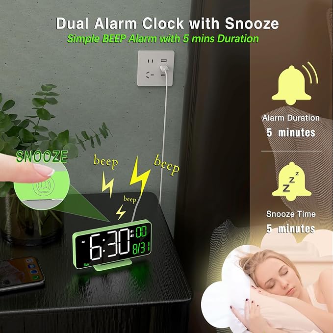 KOSUMOSU Small Digital Clock, 6.7in Alarm Clocks for Bedrooms, Auto Dimming, Room Temperature, Day of The Week, Seconds, Date, Desk Clock for Bedroom, Digital Clocks for Living Room