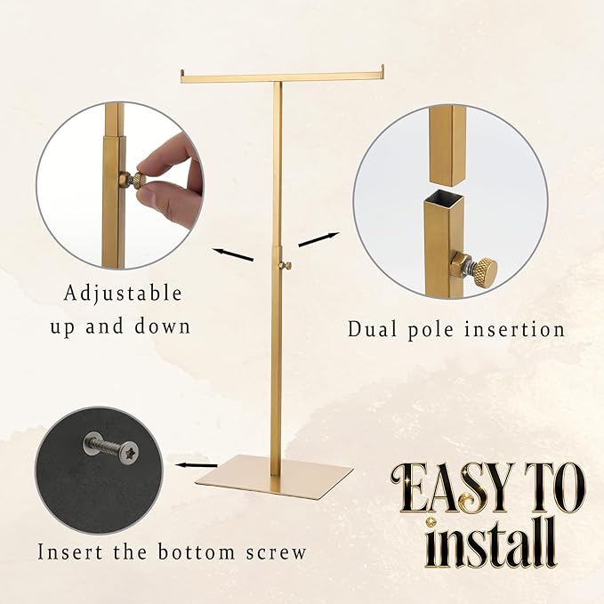 MCKECHSION Display Stand Stainless Steel Jewelry Towers Bag Stand Tabletop Double Hook Hanging Jewelry Stands for Necklaces Organizer Stand Adjustable Height Home Store Boutique, Gold