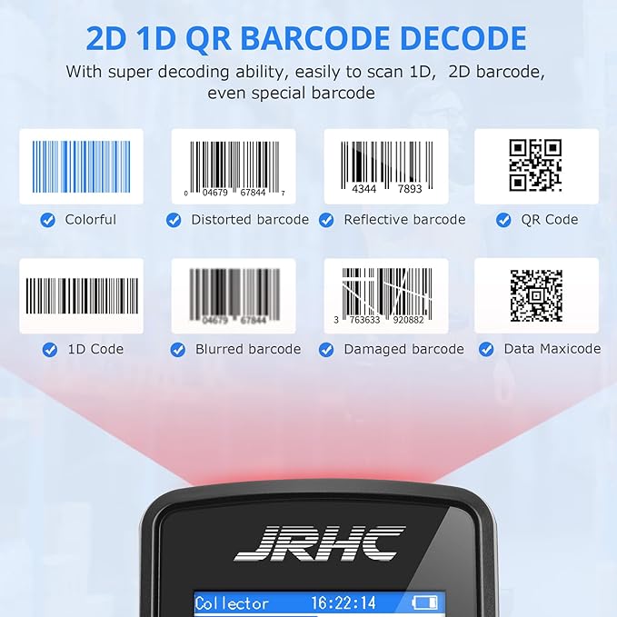 1D 2D Barcode Scanner Wireless, JRHC Portable Inventory Scanner & Data Collector Data Terminal PDT Inventory Device with Long Transmission Distance 2.4G Wireless Bar Code Reader with 2.8" LCD Screen