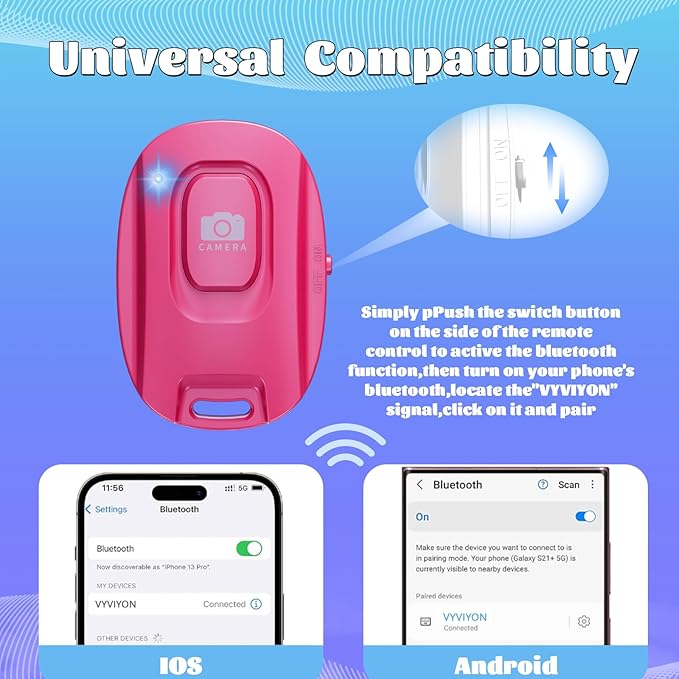 VYVIYON Bluetooth Camera Remote Shutter for iPhone and Android Smartphones, Rechargeable Wireless Phone Remote Control,Selfie Button for Photos and Videos, Charging Cable Included (2 Pack) Pink&White