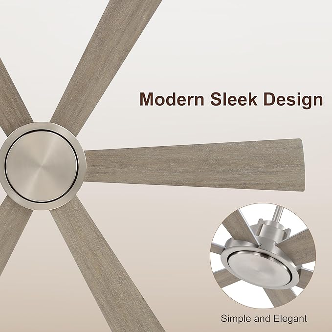 WINGBO 60 Inch Ceiling Fan without Light - 6 Plywood Blades, 6-Speed Reversible DC Motor, Noiseless Remote Control Ceiling Fan No Light for Bedroom Living Room Kitchen, Nickel and Silver/Gray
