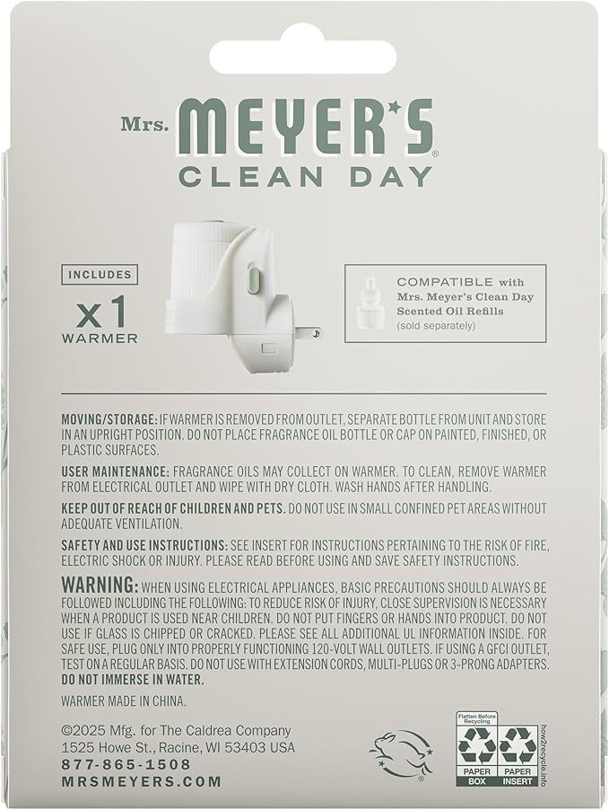 MRS. MEYER'S Clean Day Premium Scented Oil Diffuser, Wall Plug in Air Freshener, Aromatherapeutic Home Scent Device, Automatic Shut-Off and Adjustable Scent Control, Refills Sold Separately