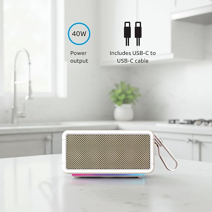 AT&T Essentials Retro 40W Bluetooth Speaker, IPX6 Waterproof, Bluetooth 5.3, LED Light Modes, Bass & Treble Control, 12H Battery, USB-C Charging, Outdoor & Indoor Use, Home Audio System - Cream