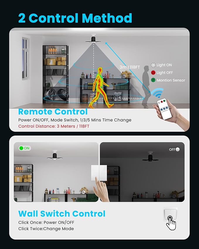 Kryoza Motion Sensor Garage Light 80W 8000LM, Motion Activated Shop Light with 360° Detection and 3 Deformable Panels, 3 Modes Screw-in Garage Ceiling LED Bulb for Indoor Basement, Attic 1-Pack