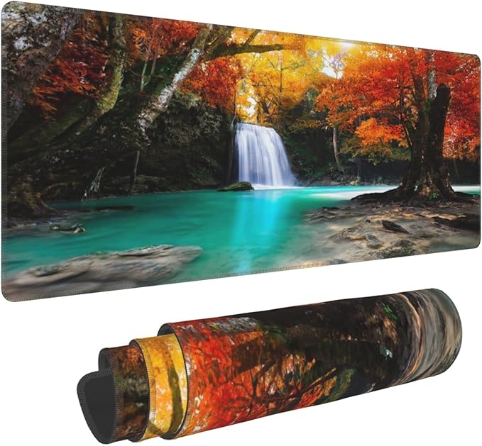 Deep Forest Waterfall Extended Big Mouse Pad Large,XL Gaming Mouse Pad Desk Pad,31.5x11.8inch Long Computer Keyboard Mouse Mat Mousepad with 3mm Non-Slip Base for Home Office Work