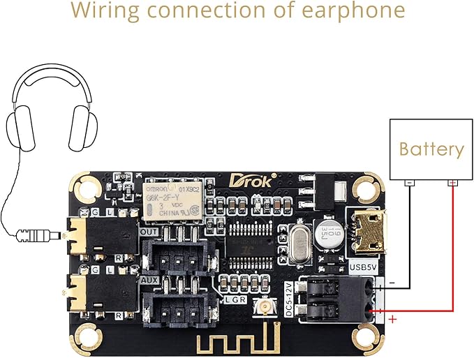 DROK Blue~Tooth Board, 12V Audio Receiver Blue~Tooth Module DC 5V-12V Portable Wire~Less Electronics Stereo Music Receive Circuit Chip with Micro USB Port for Headphone Speaker Home Sound System DIY