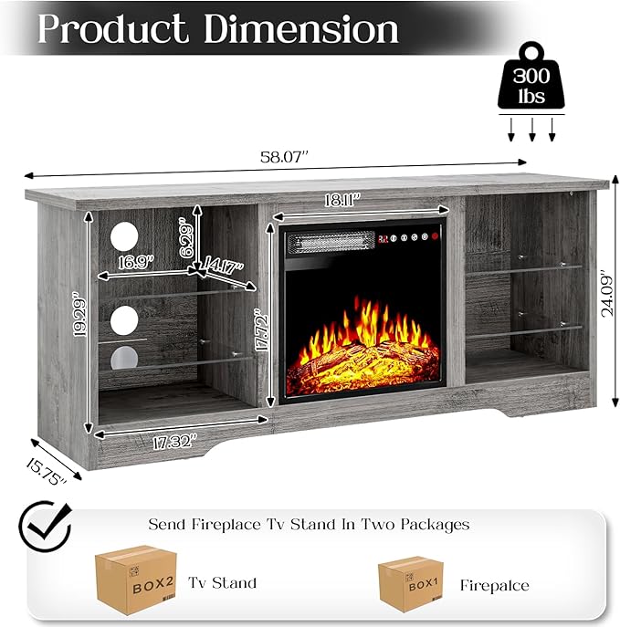 VITESSE 58 Inches Fireplace TV Stand for TVs up to 65 Inches Console with 18'' Electric Fireplace & Remote,Wooden Modern Entertainment Center for Living Room with LED Light Glass Shelves（Gray）