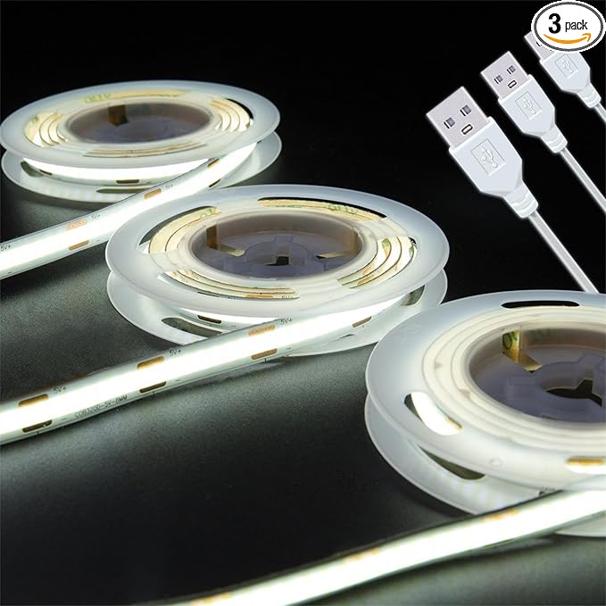 UVTaoYuan LED Strip Lights USB Short Light Strips, 6500K Bright White Not Dimmable 5V COB Small LED Strip for Indoor Bedroom Kitchen DIY Home Decor Display Cabinet 5V LED TV Lighting (3 Pack 3.28FT)