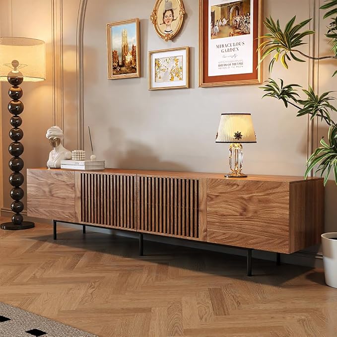 Pajiasen 94.48″ Mid Century Modern Walnut TV Stand with Grille Doors, Storage Cabinets,Entertainment Center for TVs Up to 80",Media Console for Living Room or Bedroom