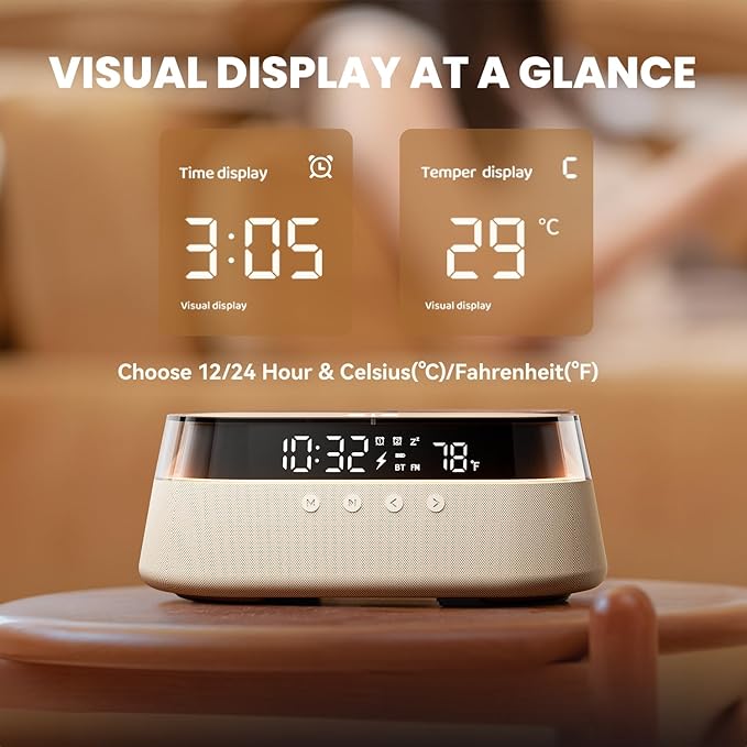 KUANGXIANG 6-in-1 Bluetooth Speaker Alarm Clock with Remote, 15W Fast Wireless Charger, FM Radio & Dimmable LED Night Light, Dual Digital Clock for Bedroom Home Office, Ideal for Him, Men Women