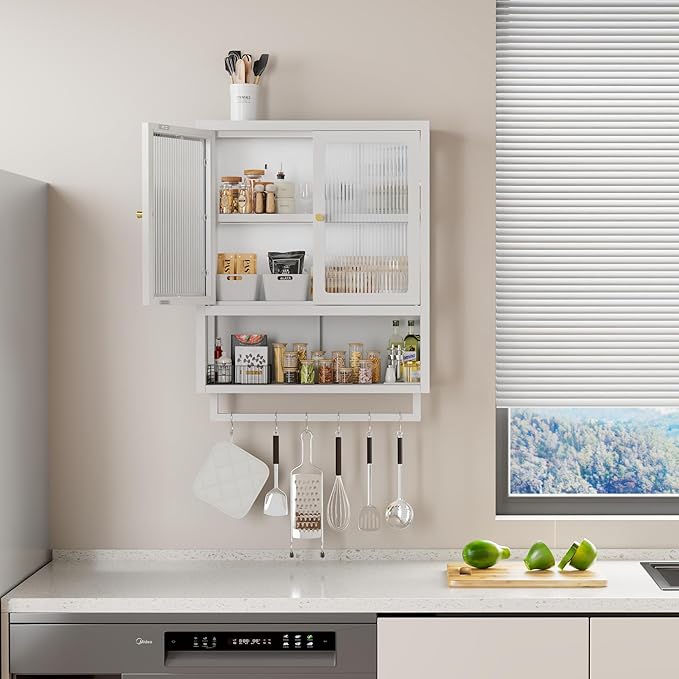 Bathroom Wall Cabinet with 2 Glass Door, Bathroom Medicine Cabinet with Towels Bar and Shelves, Over The Toilet Storage Cabinet, Metal Wall Mounted Cabinet for Kitchen (Upgraded White)