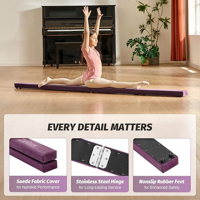 ZELUS 8' Folding Gymnastics Balance Beam, Floor Balance Beam w/Carry Handles Anti-Slip Base for Kids, Beginners & Professional Gymnasts