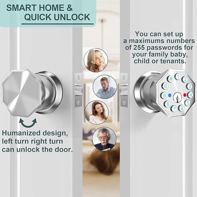 Smart Door Knob with Keypad and Key, Digital Door Lock with Keypad,Keyless Entry Door Lock,Electronic Door Lock with Handle for Home Bedroom Apartment Garage Office Security,Silver
