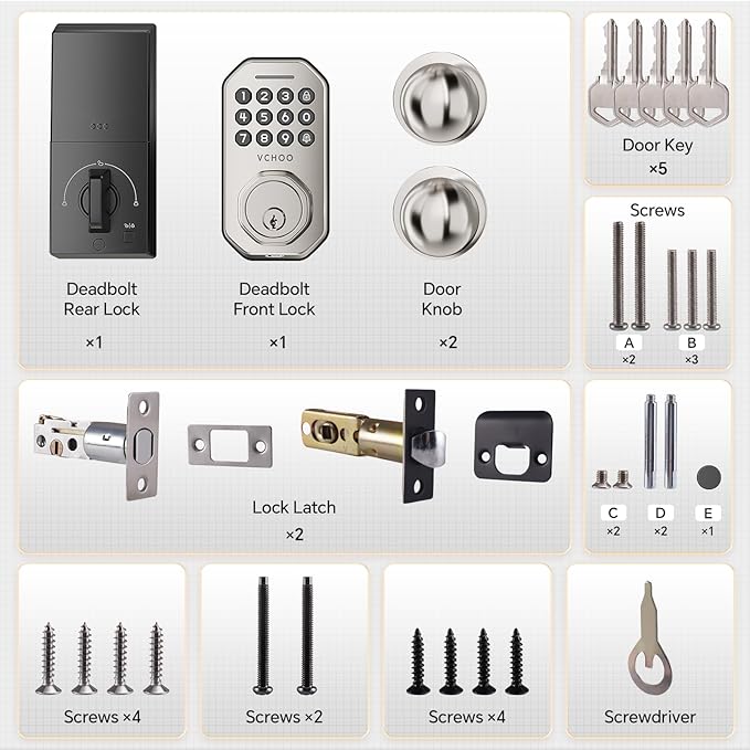 VCHOO Keyless Entry Door Lock Set WiFi Smart App Control Door Lock for Front Door Keypad Deadbolt with 2 Knobs Auto Lock One Time Codes Easy Install, Satin Nickel