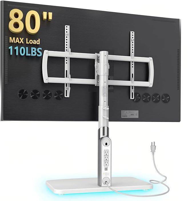 LLDEPLL Universal TV Stand Tabletop TV Mount with Power Outlet for 50-90 Inch OLED LED Monitors, 9 Levels Height Adjustment, Ambient Lighting on The Bottom Holds up to 150lbs, White Max Vesa 600x400mm