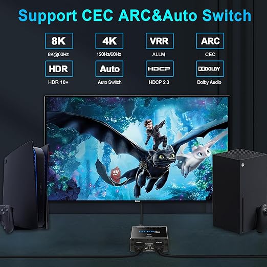 HDMI 2.1 Audio Extractor 4K 120Hz VRR ALLM HDCP2.3 HDR10 ARC Switch 2 in 1 Out Audio Converter- SPDIF 5.1CH Optical Toslink,Stereo Audio Breakout, Repeater Digital for PS 5, Xbox X NVIDIA AMD