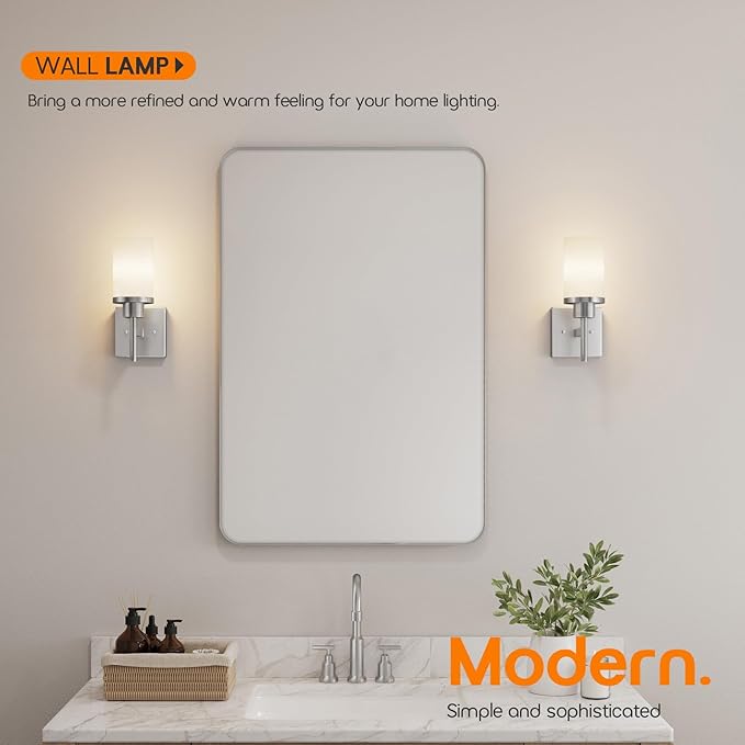 AONEON Bathroom Light Fixtures Brushed Nickel Vanity Lights with White Frosted Glass Shade, Wall Lamp for Mirror Kitchen Bedroom Porch, 2 Pack T001BR-L1-P2