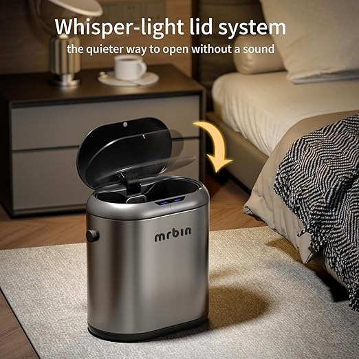 MRBIN Automatic Adsorption Metal Trash Can for Bathroom, Touchless Garbage Bin with Lid, 3.2 Gallon Slim Trash Can for Office and Bedroom, Electric Motion Sensor Waste Basket, Eclipse Grey