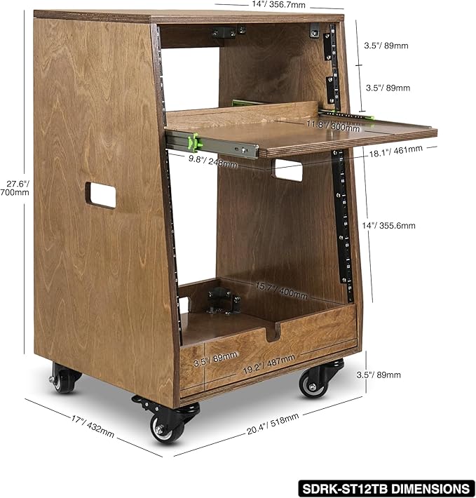 Sound Town DIY Slanted 12U Studio Rack (4U Top + 8U Lower), with 2U Bottom Storage, Slide-Out Tray, Caster, Plywood, Weathered Brown For Recording Room, Home Studio (SDRK-ST12TB)
