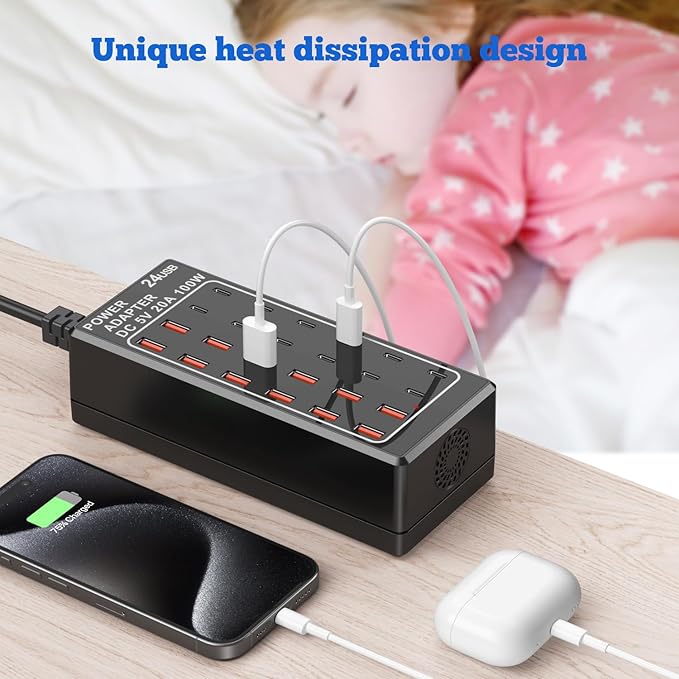 USB Charger Station, C Charging Block, 100W (20A) 24 Port Multiple USBCharger Desktop Wall Charger Hub 12 USB A 12 USB C Compatible for Apple iPhone, iPad, Samsung Galaxy, Laptop, Pixel, Phones