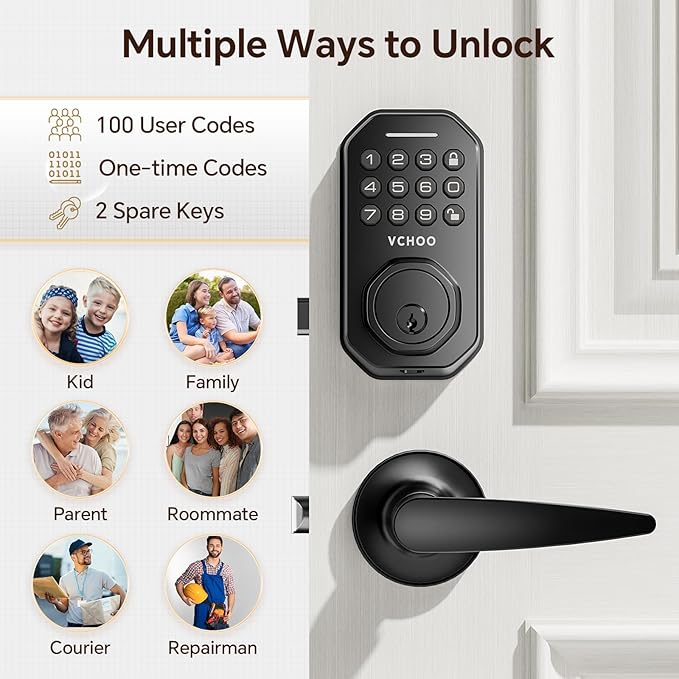 VCHOO Keyless Entry Door Lock Set Smart Locks for Front Door Keypad Door Lock with Handle Auto Lock One Time Password Anti Peeping Password IP54, Black