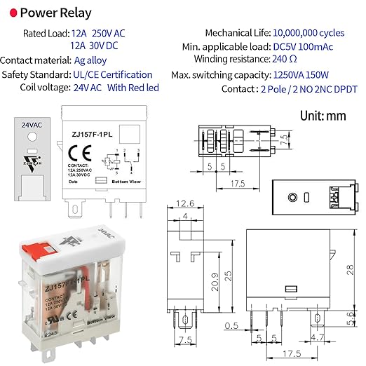 UL Listed 6 Pcs 12Amp Din Rail Relay 24V DC Relay Coil, 5 Pin SPDT 1NO 1NC with Test Button, LED Module Light, Socket Base, DIN Rail