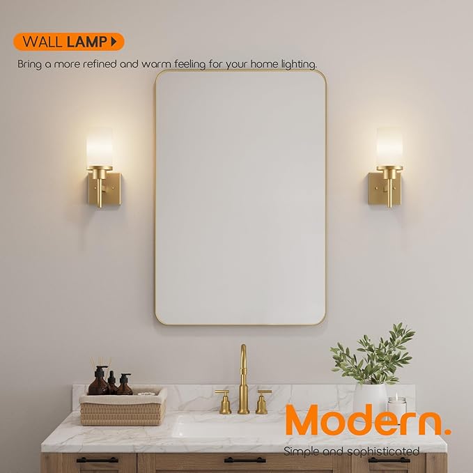 AONEON Vanity Lighting Fixtures with White Frosted Glass Shade, Modern Gold Wall Lamps for Bathroom Mirror Bedroom Living Room Porch, 2 Pack T001GD-L1-P2