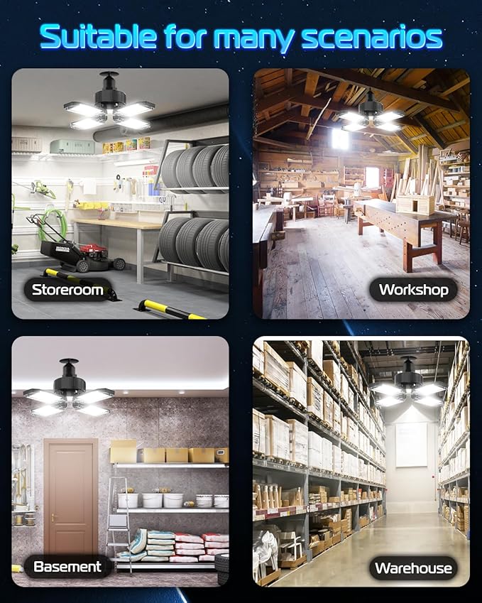 CHENGCHILIT Garage Light - 8PACK 130W 13000LM Deformable 4+1 Panel LED Garage Ceiling Lights with LED Transformer, E26/27 Base, 6500K Daylight White Shop Light for Factory, Storage Room, Warehouse