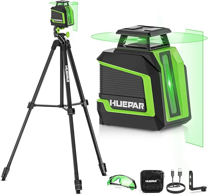 Huepar 360° Laser Level with Tripod 60in, 82Ft - 165Ft Self Leveling Laser Level with Pulse Mode, 3 Brightness Levels Rechargeable Li-ion Battery Green Line Laser Leveler Tool for DIY Indoor Project