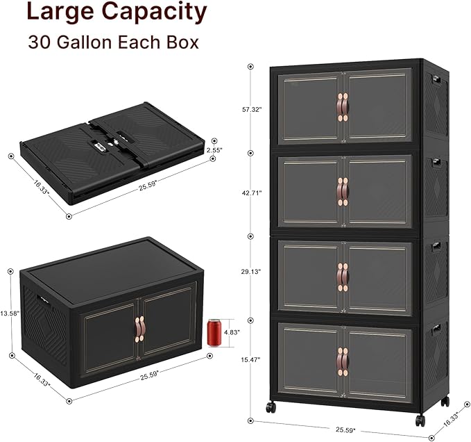 Extra Large Stackable Storage Bins with Lids & Wheels, 220QT-55QT/14GAL*4Pack Foldable Collapsible Closet Organizers Dark Storage Cabinet with Doors for Bedroom Dorm
