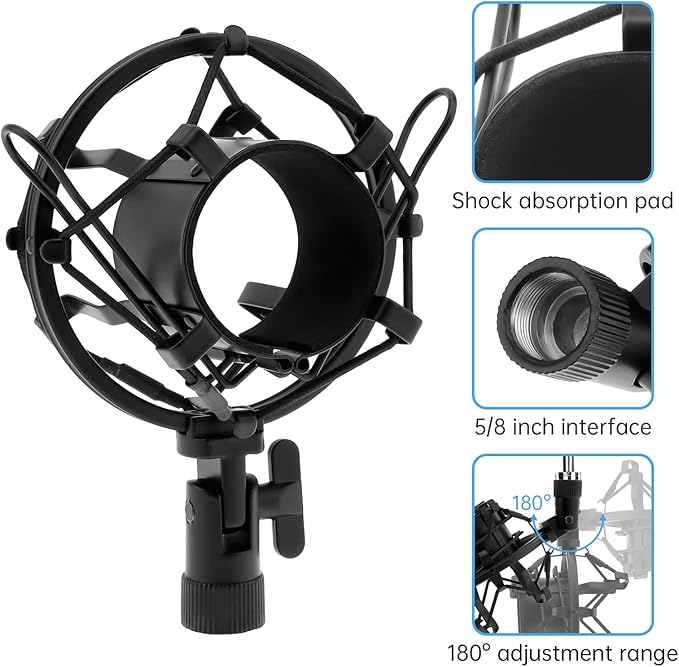 Anti-vibration Microphone Shock Mount for 46mm-50mm Condenser Microphones with Pop Filter for Broadcasting Studio Music Recording, Wind Pop Screen Flexible 360 Degree Gooseneck Clip Arm
