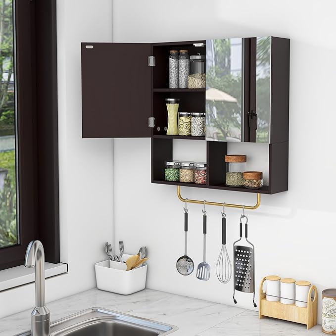 Wall Mounted Storage Cabinet with Mirror & Adjustable Shelves- Bathroom Medicine Cabinet with Towel Bar for Bathroom, Laundary, Enterway,Bedroom