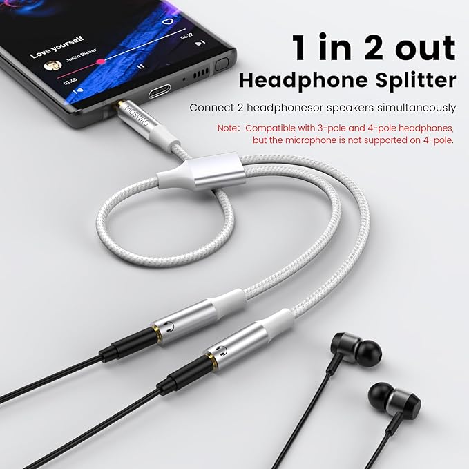 MOSWAG 3.5mm Audio Splitter - 2 Way Stereo Y Cable for iPhone, Samsung, PS4, Switch, Tablets, PC, Laptop, MP3