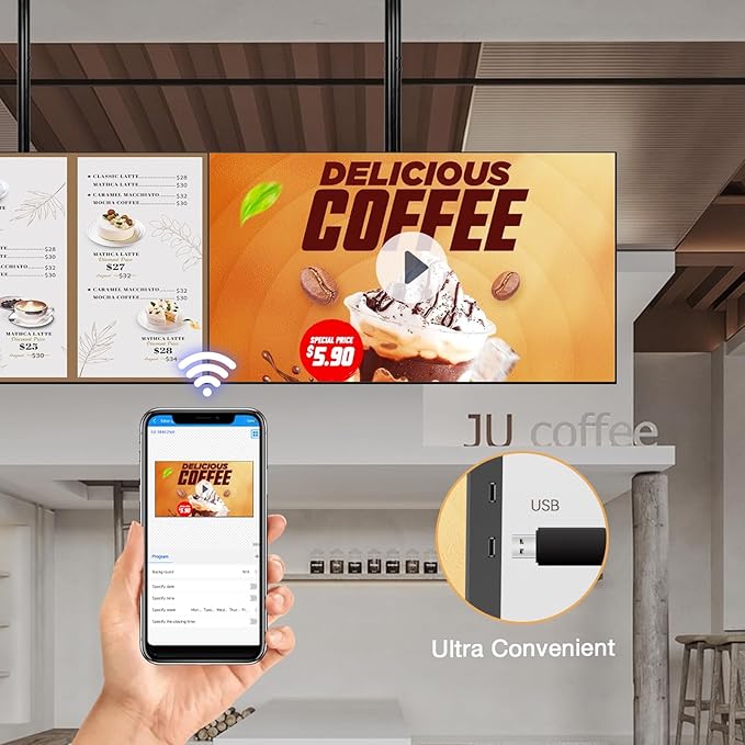Canlarriz Digital Signage Display 55 inch Wall Mount Digital Menu Board for Restaurants and Stores Advertising Screen 1000 nits Ultra-High Brightness 4K UHD Free Web Content Editor Android 4GB + 32GB