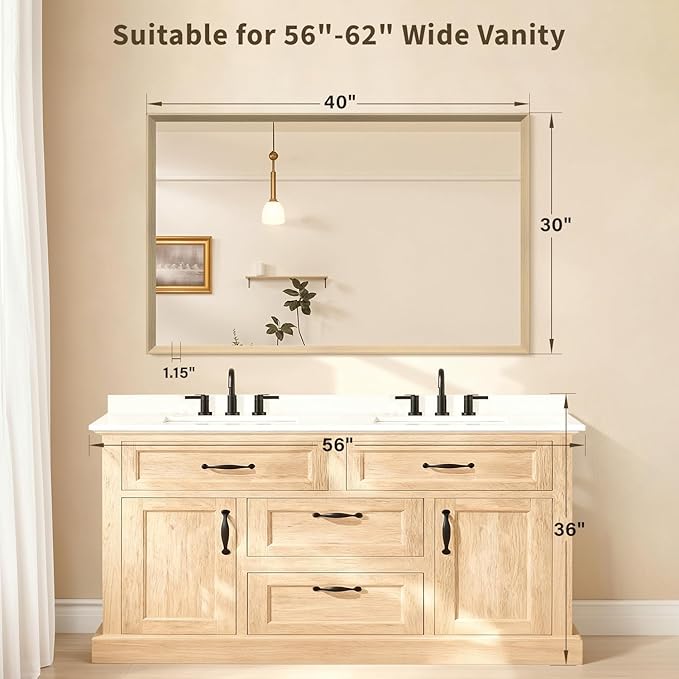 Oak Wood Effect Framed Wall Mirror, 30x48 Rectangle Mirror, Anti-desilvering Tempered Glass, Sustainable&Sturdy Frame, Anti-Rust, HD Reflection &3min Fast Setup for Bathroom Living Room