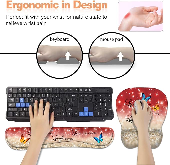 Ergonomic Mouse Pad Wrist Support and Keyboard Wrist Rest Set with Coasters, Non-Slip PU Base, Easy Typing & Pain Relief, Perfect for Home Office Working Studying, Red Glitter Quote Live Laugh Love