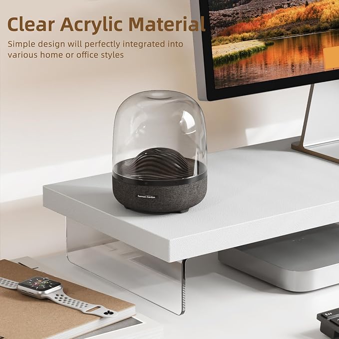 SSWOOD Monitor Stand Riser, Wood & Acrylic Computer Monitor Stand Desk Desktop Organizer Table for Home, Office Workspace, Laptop Riser, Printer, PC & TV Screen Riser