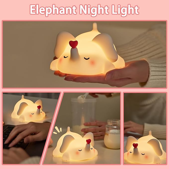 mydtiz Silicone Elephant Night Light for Kids Room Dimmable Rechargeable Nursery Animal Nightlight Gifts for Women Girls Boys Room Decor 3 Level Brightness Toddler Bedroom Bedside Touch Lamp