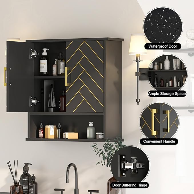 Black Chevron Pattern Bathroom Wall Cabinet, Modern Hanging Medicine Cabinet with Gold Hardware, Space-Saving Over Toilet Storage Organizer (23 5/8" x 22 7/8" x 7 1/8")