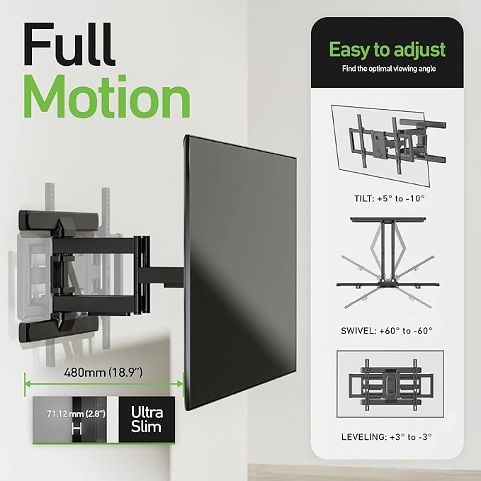 Heavy Duty Dual Arm Articulating TV Wall Mount Bracket for Hisense U76 QLED 100U76N 100 Inch TV - Tilt & Swivel with Reduced Glare