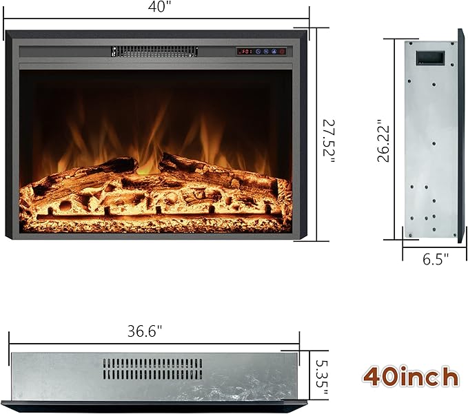 Electric Fireplace, 40" Electric Fireplace Inserts, Recessed Fireplace Heater with Remote Control, Adjustable Flame Colors, Timer&Overheating Protection, 750/1500W