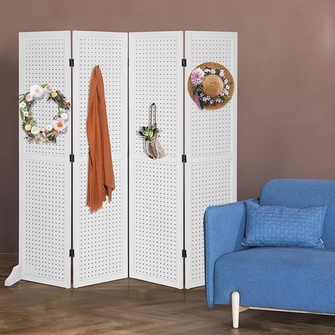 Bonnlo 4 Panel Pegboard Freestanding, 5 FT Portable Display Board Organizer for Craft Show Jewelry, Wooden Folding Privacy Screen Room Divider (with Base, White)