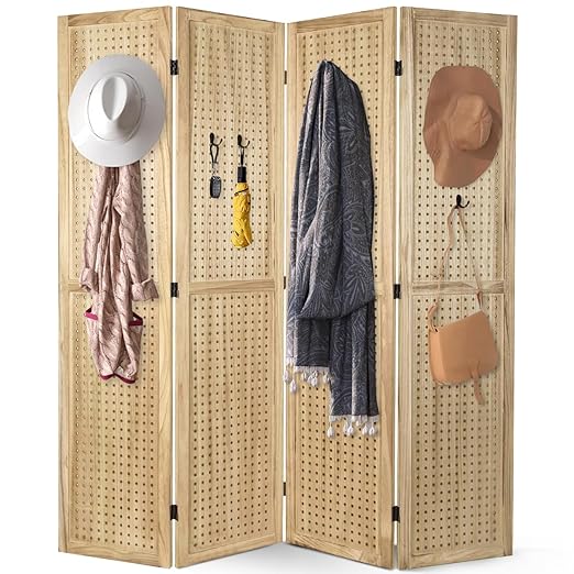 Babion 4 Panel Pegboard Display, Peg Board Room Divider Freestanding Folding Privacy Screens Display Stand for Craft Shows (Natural)