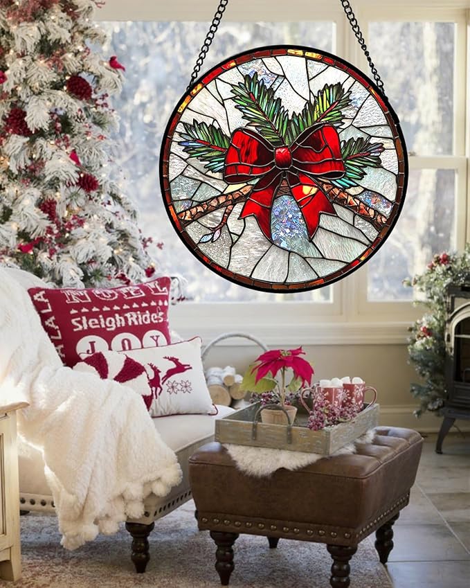 DASTOLL Stained Glass Window Hanging - Pine Branches Red Bow Suncatcher for Doors Home Christmas Decoration Silver Sun Catcher Thanksgiving New Year Birthday Gifts for Women Men Mom Nana 9.8 in