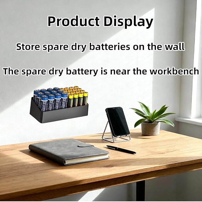 RUDDLIN Battery Storage Organizer Battery Storage Box Black Fits 16 AAA & 12 AA Batteries Divided Battery Holder Fits Wall,Cabinets,Drawers (Case Not Includes Batteries)