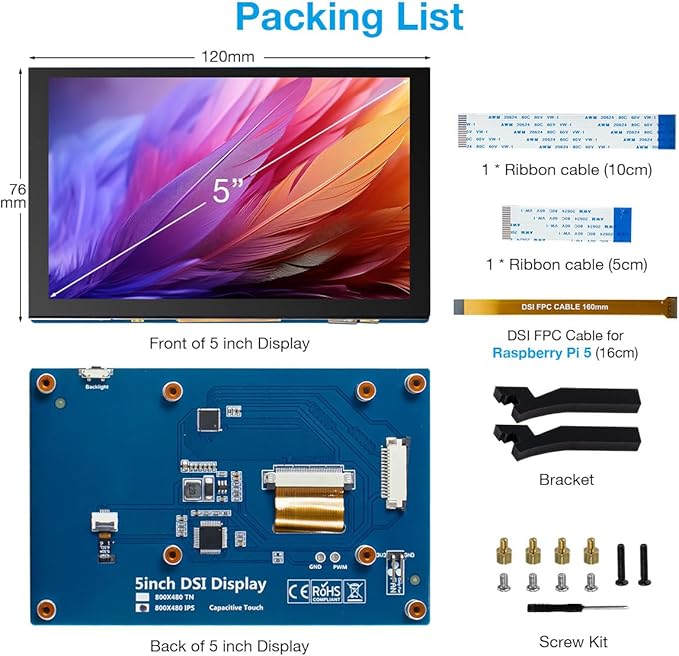 Hosyond 5 Inch Touchscreen IPS MIPI DSI Display Compatible with Raspberry Pi 5/4/3, 800x480 Pixel Capacitive Screen Driver-Free Interface