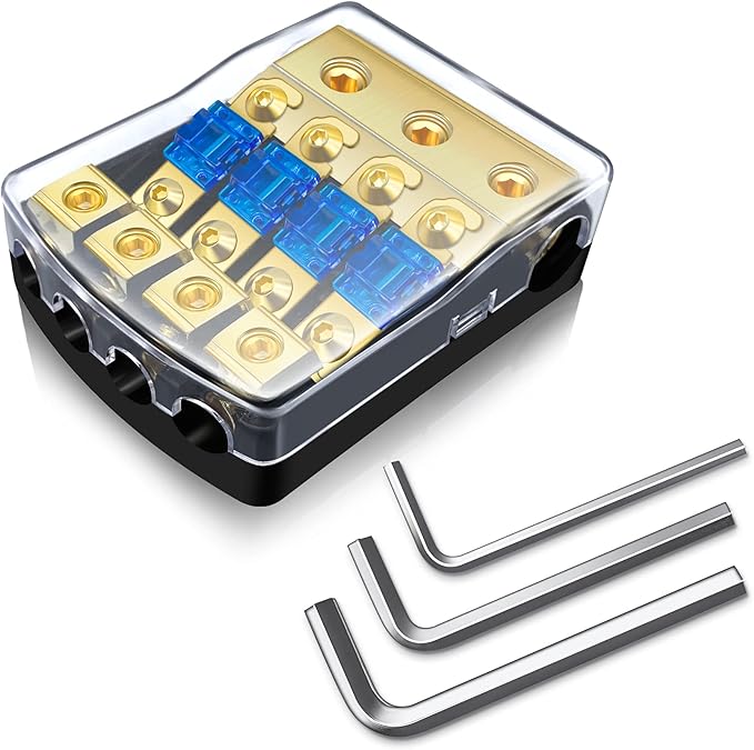 BULVACK 4 Way Mini ANL Fuse Holder, Copper 0/2/4 Gauge to 4/6/8 Gauge 60 Amp Fuse Distribution Block for Car Truck Boat Audio Stereo Amplifier