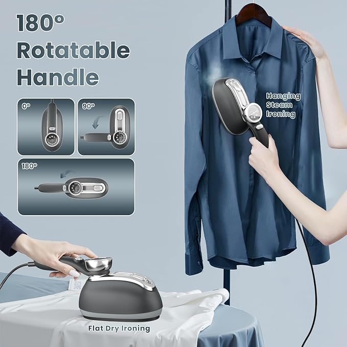 Killrose Steamer for Clothes, 2 in 1 Clothes Steamer Handheld, 1200W Steam Iron, 3 Level Thermometer Display Dashboard Travel Iron, 180° Rotatable Portable Handheld, 15s Heat Up, Water Tank, 120V
