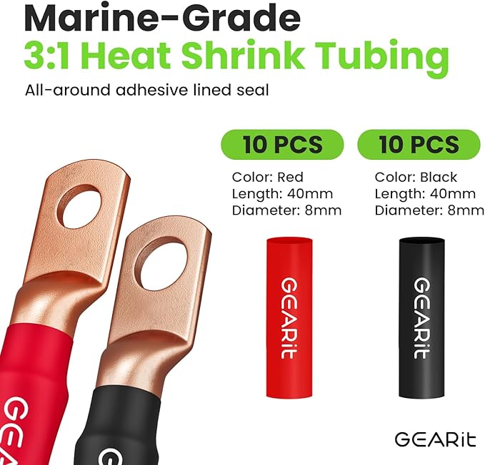 GEARit 8 Gauge Ground Wire Kit, CCA, (25FT Each - Black and Red) All-in-One Kit: Crimping Tool, Cutter, 15 Lugs, and 20 Heat Shrink Wrap