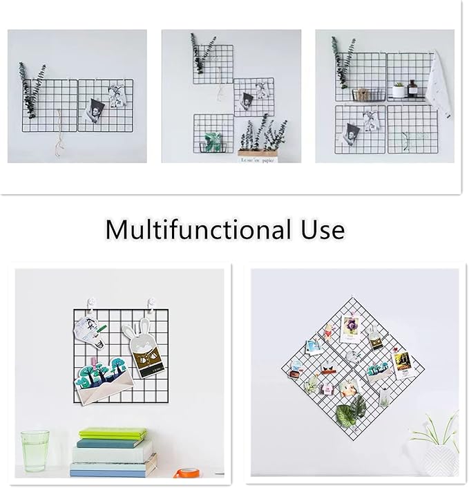 Feadily 4 Pack Metal Grid Wall Board Including 1 Hook Rack, Photos & Pictures Display Board,Photo Wall, Picture Board, DIY Home & Office Wall Decor 13.8 Inch × 13.8 Inch (Black)